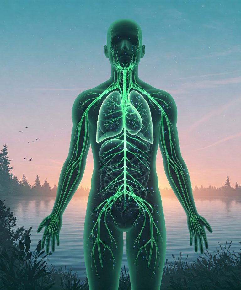 Dunkle Umrisse eines menschlichen Körpers mit erleuchtetem Nervensystem vor einer Naturkulisse mit See umgeben von Wald. Gemini generiert 18.03.2025 Dunkle Umrisse eines menschlichen Körpers mit erleuchtetem Nervensystem vor einer Naturkulisse mit See umgeben von Wald.